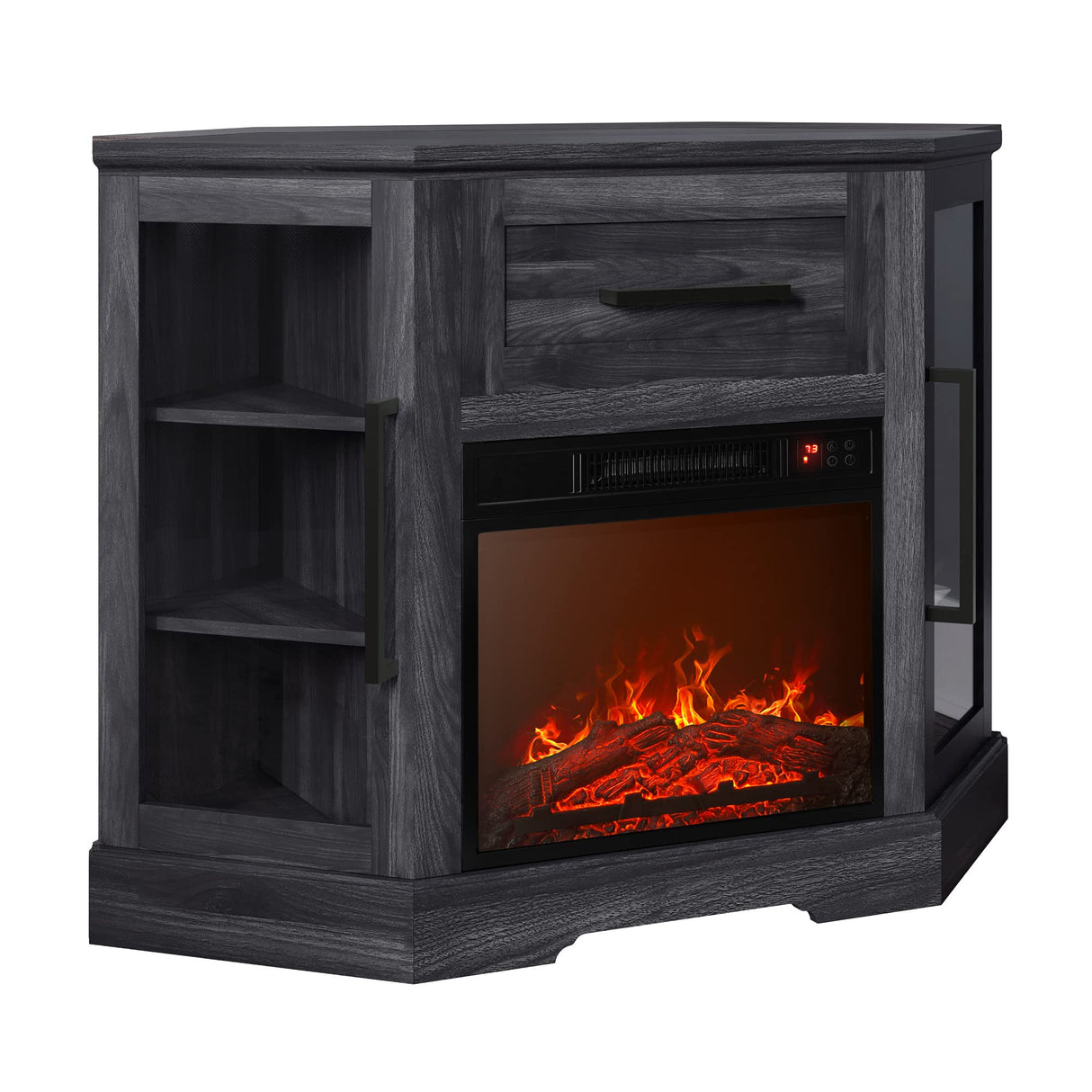 BELLEZE 43" Corner TV Stand with 18" Electric Fireplace Heater for TVs up to 43", Modern Corner Wood Entertainment Center with Glass Door Storage Cabinets - Dale (Rustic Grey) BELLEZE