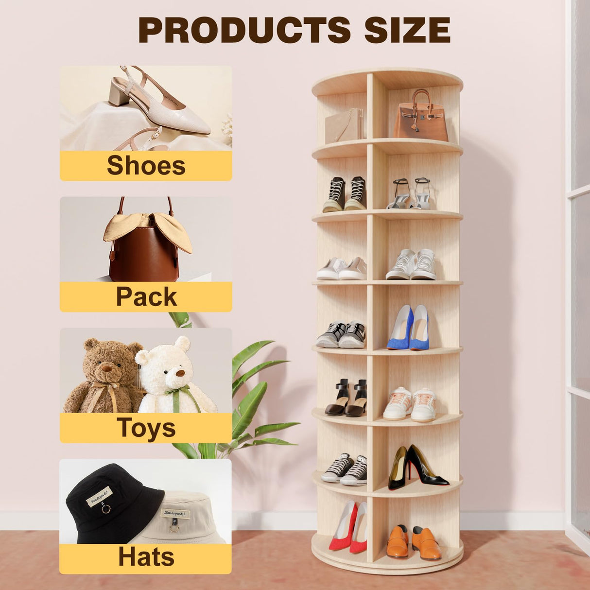 TOCRETOARE Rotating Shoe Rack Tower, 7-Tier Solid Pine Wood Spinning Shoe Display 360° Lazy Susan Shoe Rack, Revolving Shoe Stand, Shoe Rotating Organizer for Closet Shoes and Handbags TOCRETOARE
