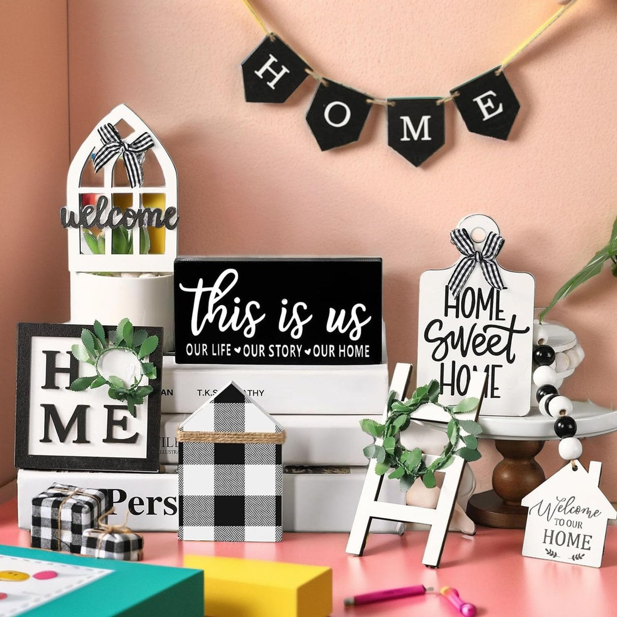 NJXJKGY 11PCS Farmhouse Tiered Tray Decor Set-Rustic Wooden Mini Signs and Decorations for Home and Kitchen Display (Tiered Tray Not Included) NJXJKGY