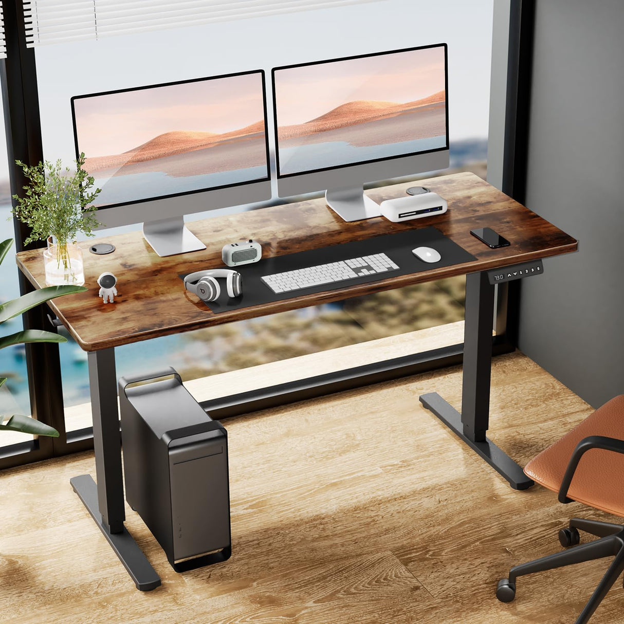 SMUG Electric Standing Desk, 63 x 24 Inch, Modern Style, Adjustable Height, 154 lbs Capacity, with Memory Presets, for Home Office, Rustic Brown SMUG