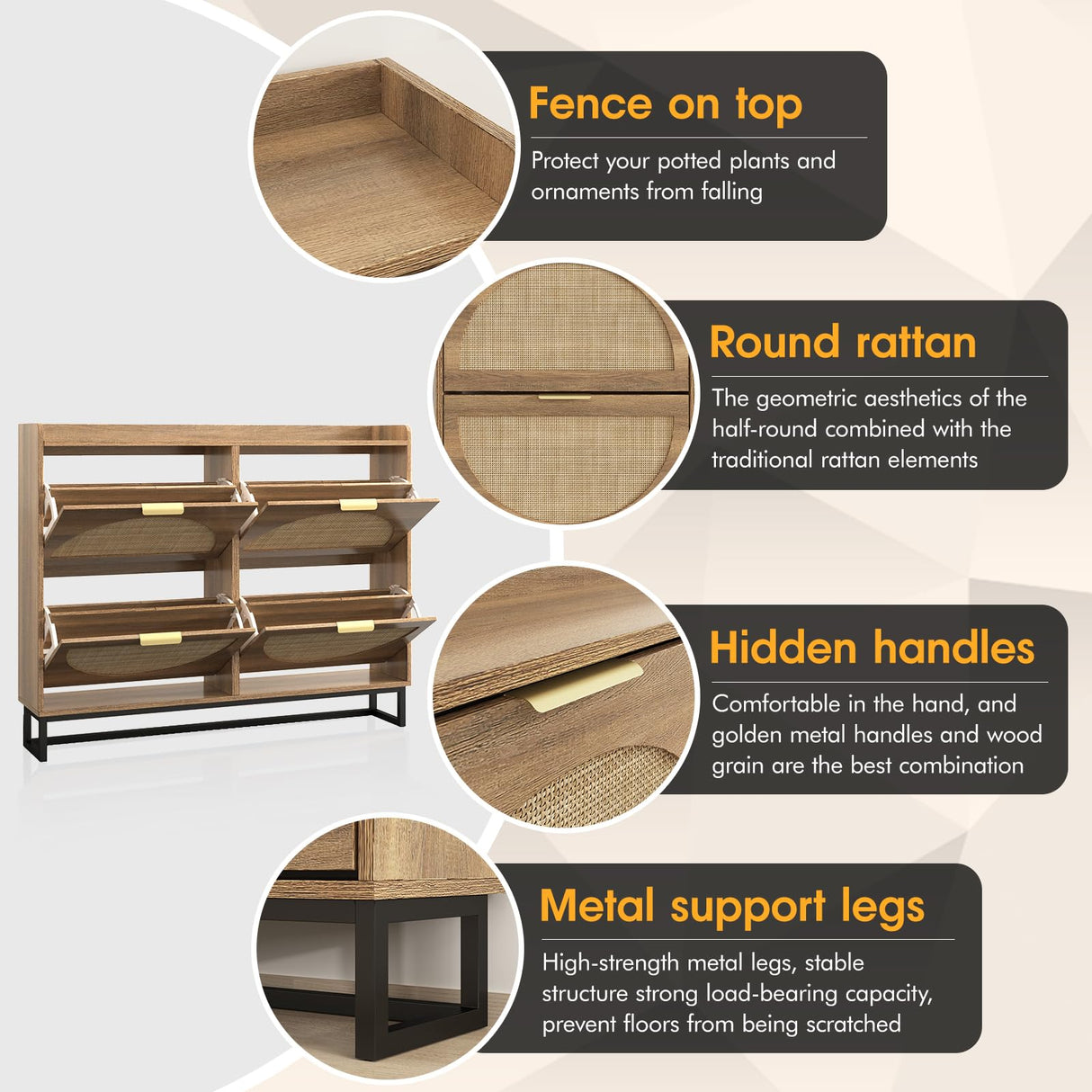 Maupvit Large Rattan Shoe Storage Cabinet with 4 Flip Drawers, Freestanding Shoe Organizer with Metal Legs for Entryway, Hidden Golden Handles, Narrow Shoe Rack Cabinet, Rustic Oak Rattan Maupvit