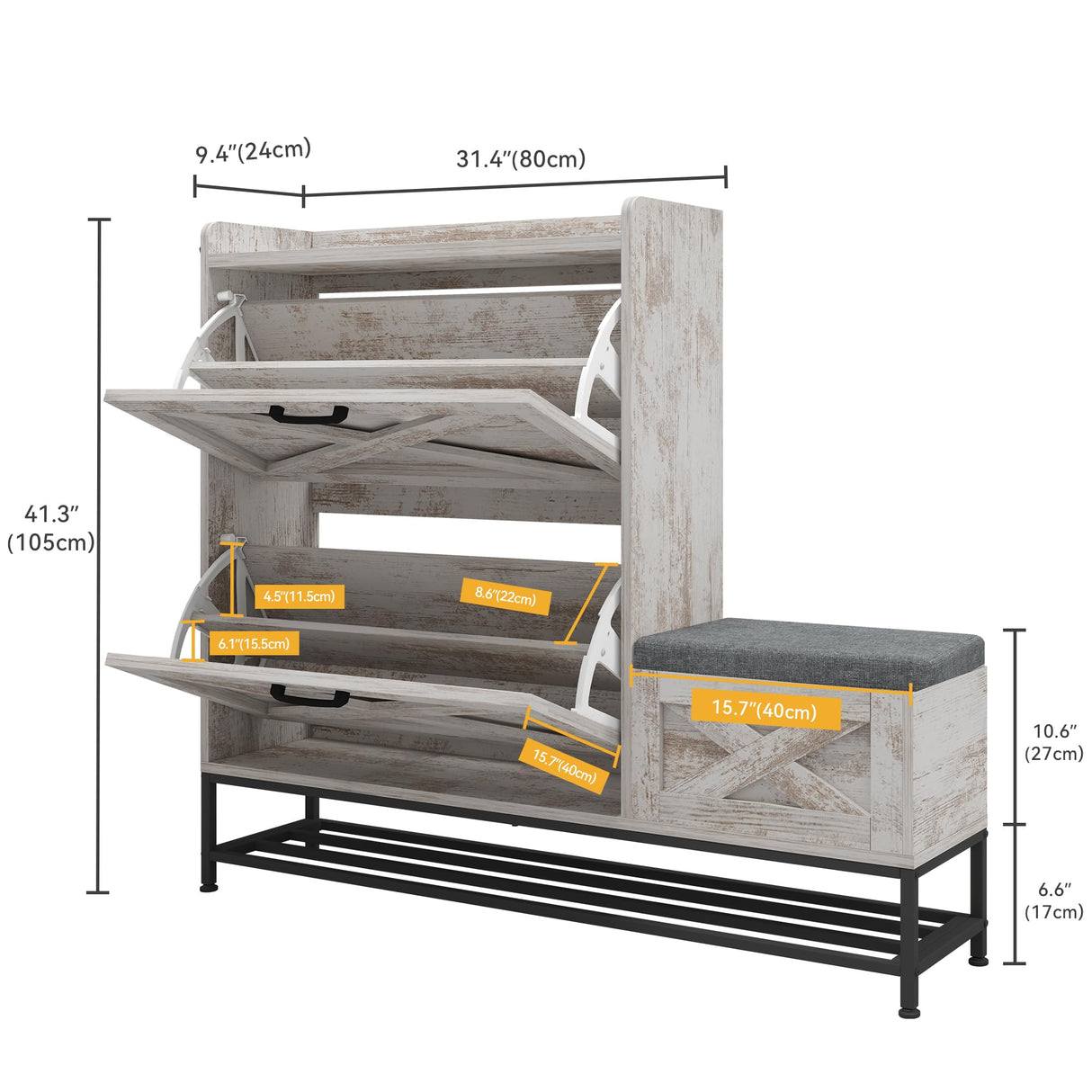 DWVO Farmhouse Shoe Storage Cabinet with 2 Flip Drawers for 16 Pairs, Entryway Shoe Storage with Shoe Bench, Narrow Slim Shoe Cabinet for Entryway, Living Room, Hallway (Embossed White) DWVO