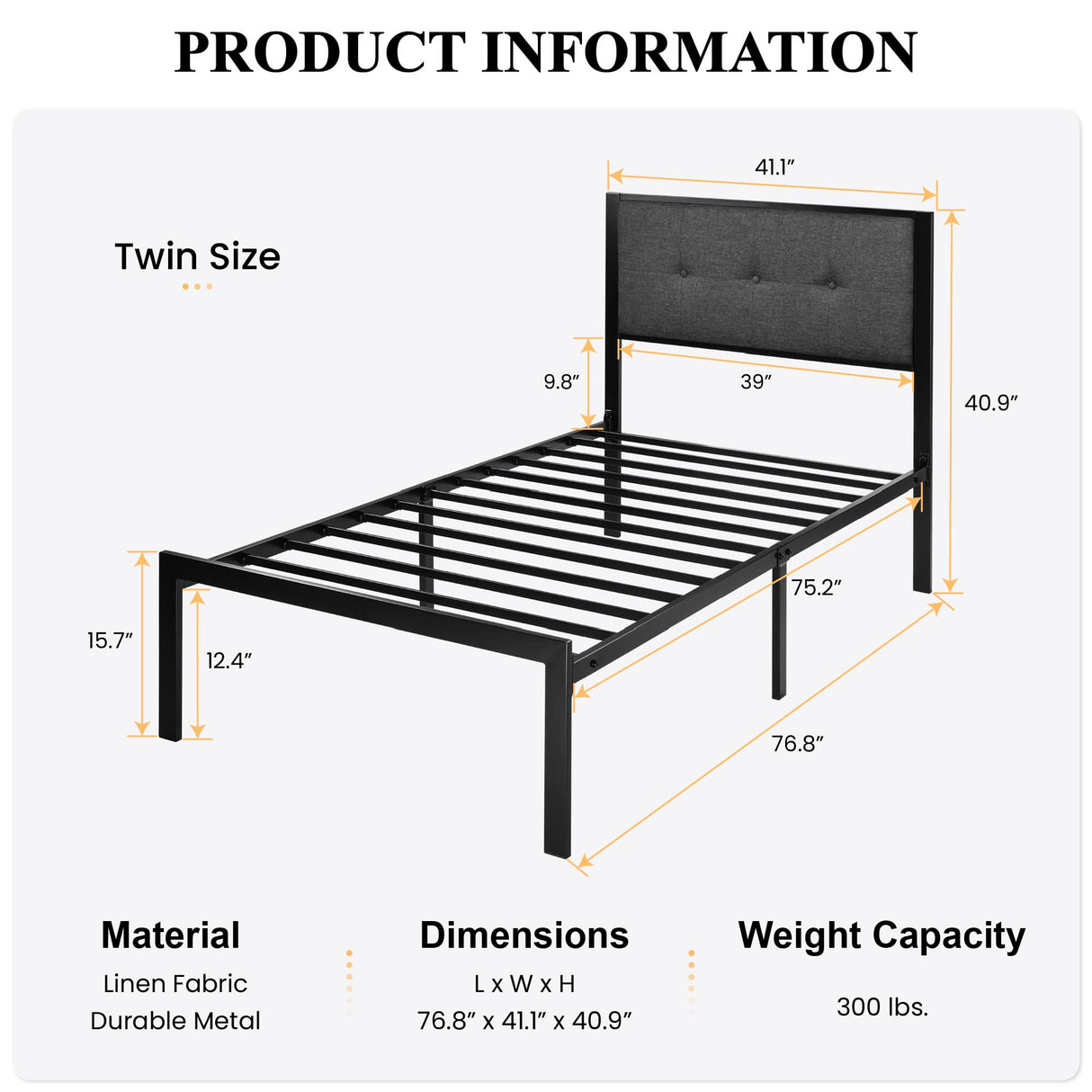 SHA CERLIN Twin Size Platform Bed Frame with Upholstered Headboard, Metal Slats Support, Button Tufted Square Stitched Headboard, Noise Free, No Box Spring Needed, Easy Assembly, Dark Grey SHA CERLIN