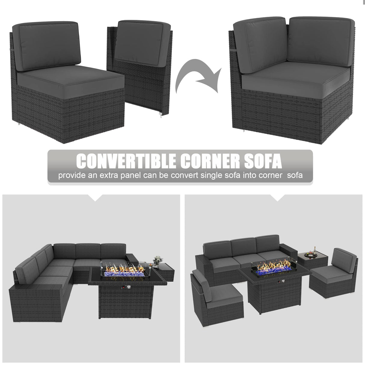 LayinSun 7 Pieces Outdoor Patio Furniture Set with 44" Fire Pit Table Rattan Sectional Sofa Conversation Sets LayinSun