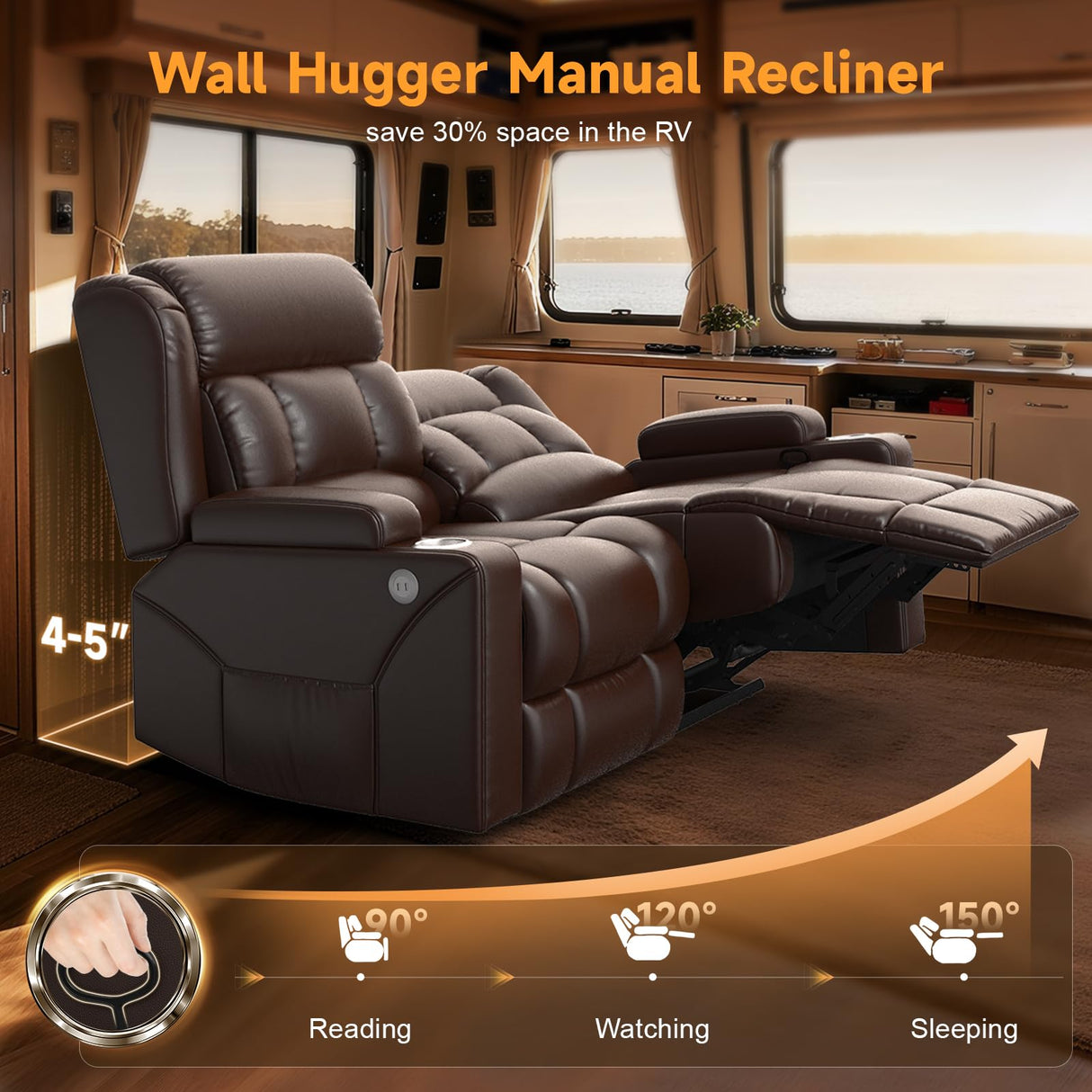 MisUMis RV Loveseat Recliner Sofa, Wall Hugger Reclining Loveseat RV Couch with USB Ports, Large Pockets, Cup Holders, 150° Adjustable RV Recliners Furniture for Travel Trailers & Home Theater Seating MisUMis