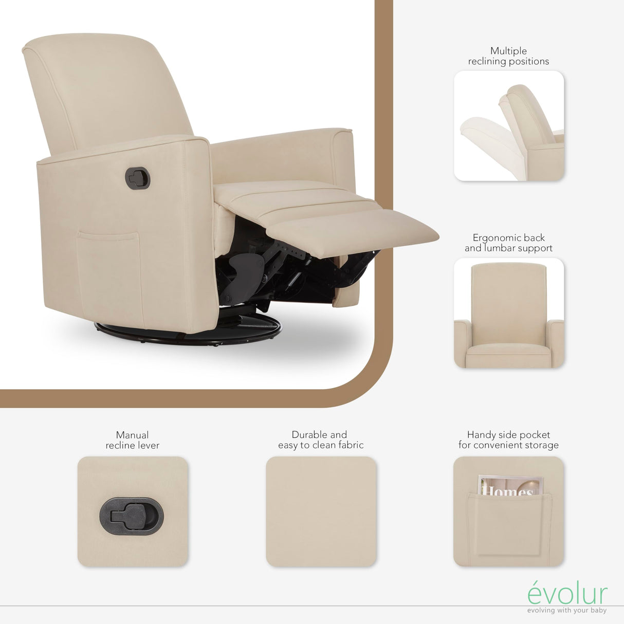 Evolur Raleigh Upholstered Plush Seating Nursery Glider 360-degree, Swivel Rocker Recliner, Multi Recline Positions, Greenguard Gold & JPMA Certified, Stain Resistant, Tool-Free Assembly, Shell Evolur