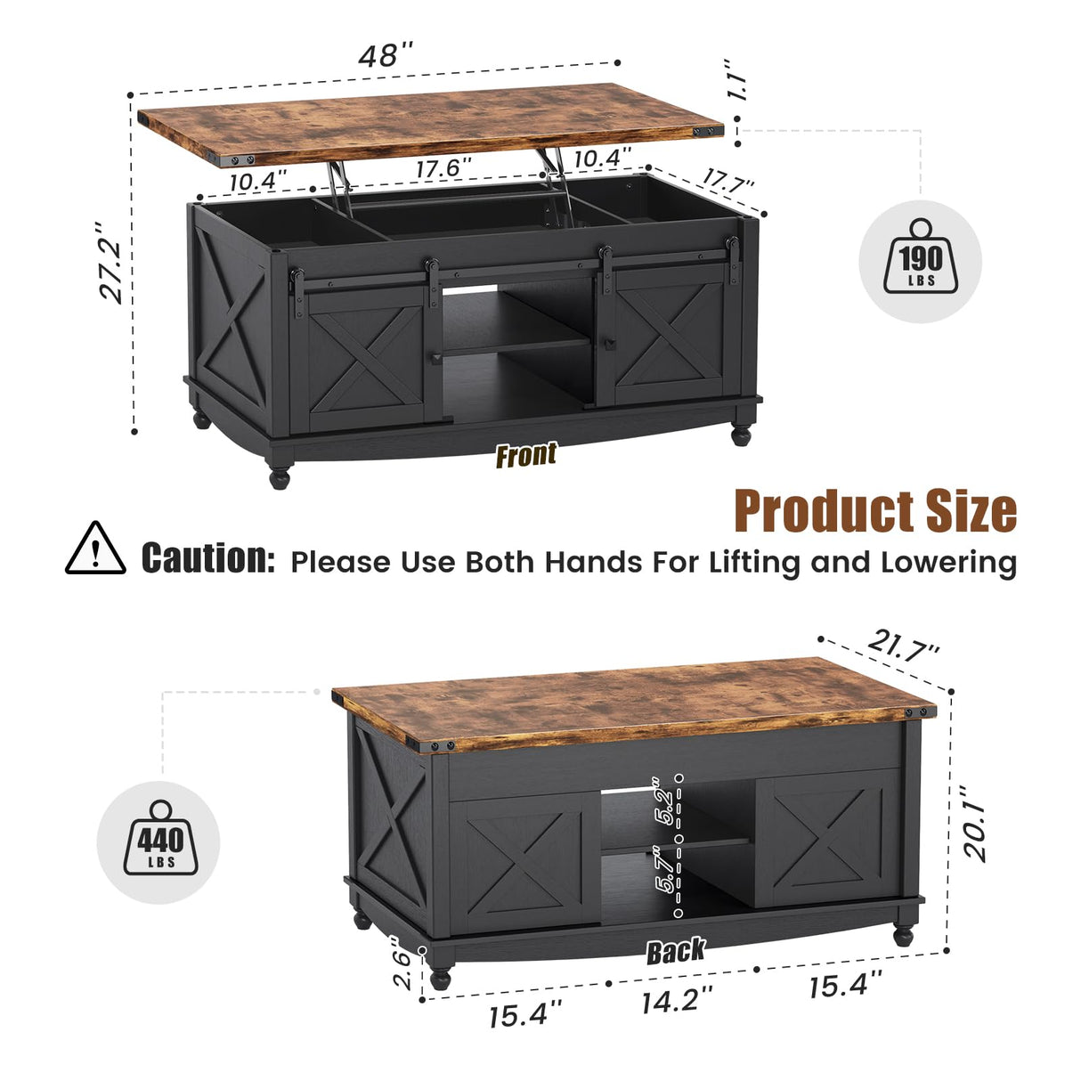 ALLSTAND 48" Farmhouse Lift Top Coffee Table with Storage Sliding Barn Door & Large Hidden Compartment, Coffee Table with Lifting Top with Wooden Lift Tabletop, Coffee Tables for Living Room, Black ALLSTAND