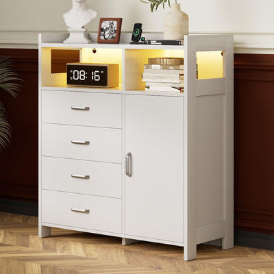 Whalefall 4-Drawer Tall Dresser with Charging Station & LED Lights - Modern Wood Chest of Drawers for Bedroom, Living Room, Hallway, or Entryway, Sturdy Storage Furniture (White)
