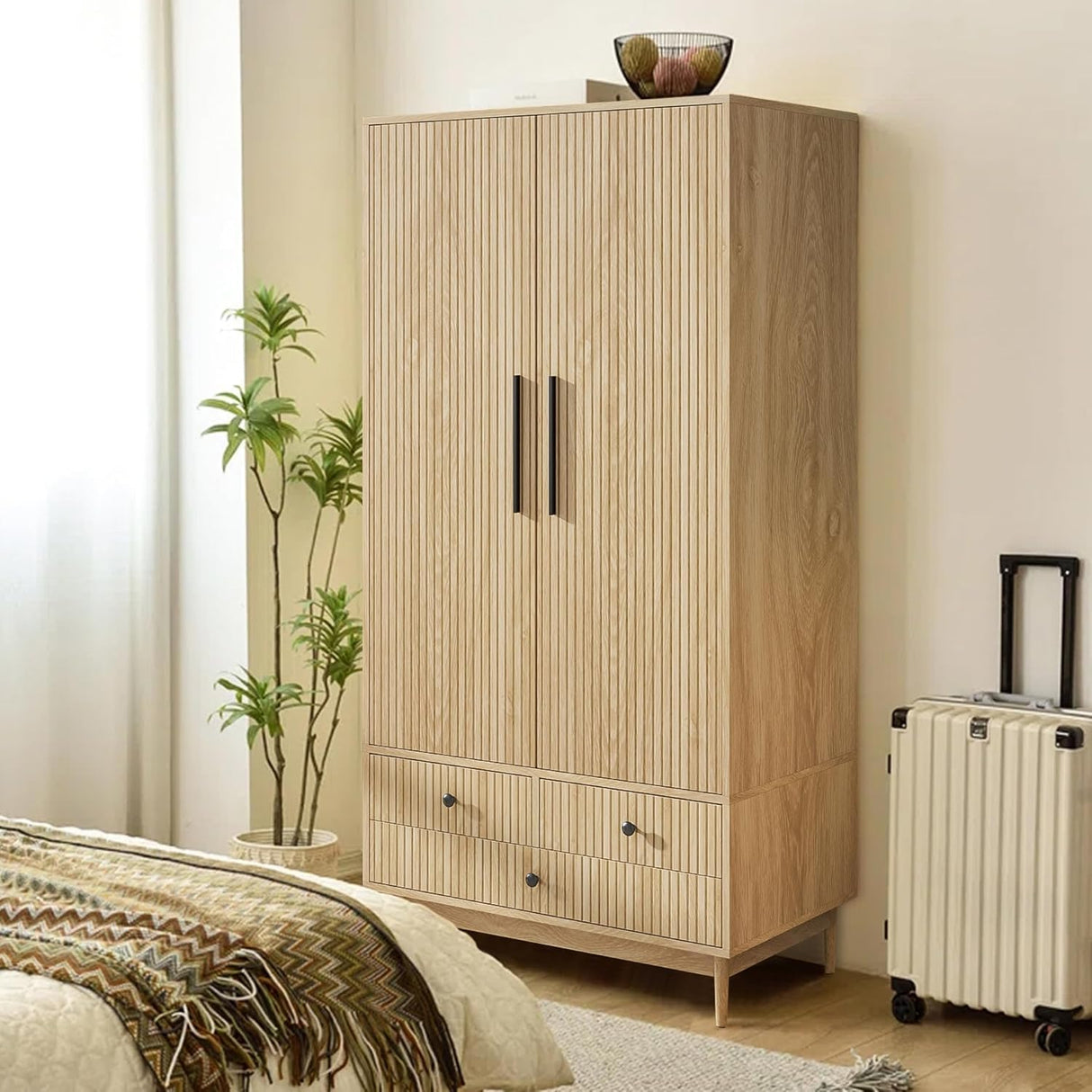 Fsbecl Armoire Wardrobe Closet with Drawers and 2 Fluted Doors 64.96 in Farmhouse Closet Wardrobe Cabinet with Hanging Rod Freestanding Wooden Bedroom Armoire Storage Cabinet with Shelf (Wood Color) Fsbecl