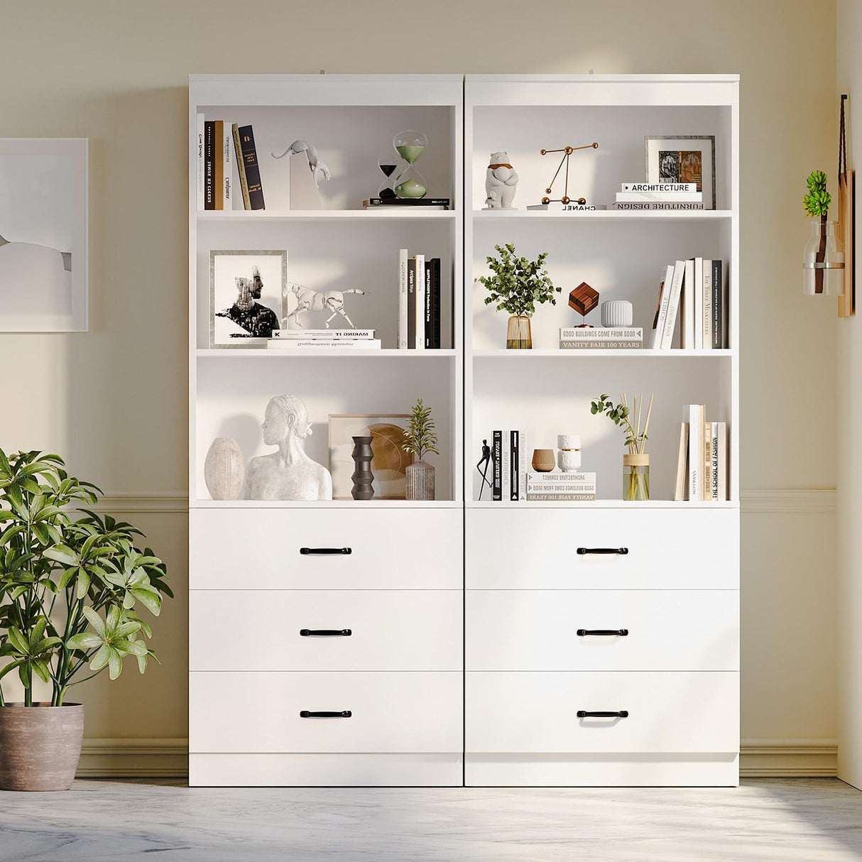 oneinmil 70" H 6-Tier Bookshelf with 3 Drawers, White Bookcase with 3-Tier Open Shelves, Tall Book Shelf with Storage Space, Wooden Storage Cabinet for Living Room, Bedroom, Office (White, 6-Tier) oneinmil