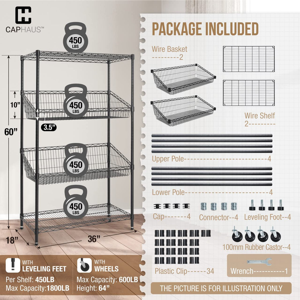 CAPHAUS NSF Commercial Heavy Duty 4 Tier Wire Shelving w/Two Trapezoid Baskets, Wheels, Leveling Feet, Storage Metal Shelf, Basement Garage Shelving Storage, Utility Wire Rack Storage Shelving Black CAPHAUS