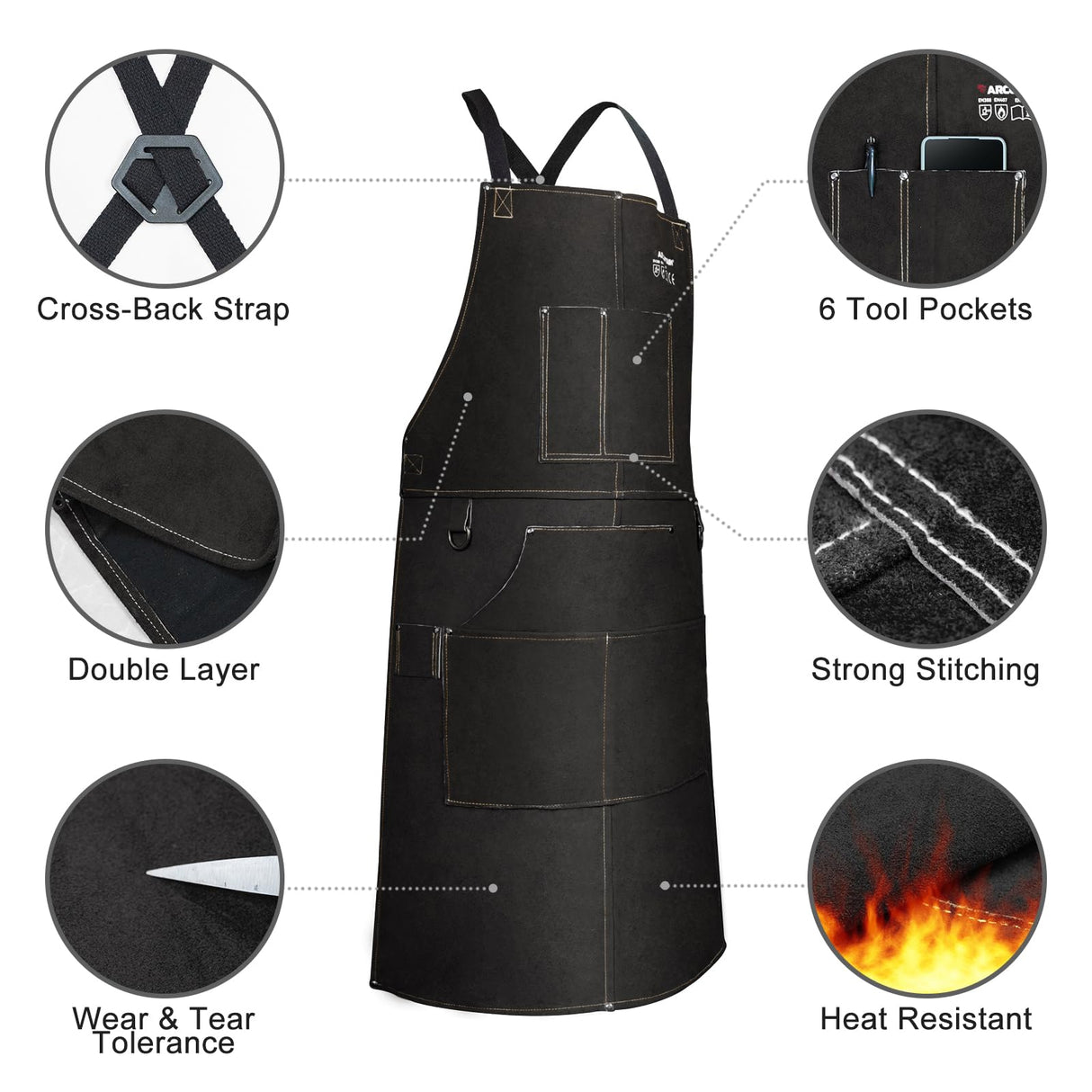 ARCCAPTAIN Leather Welding Work Apron 24" X 36" Heat Flame Resistant Cowhide Blacksmith Aprons with 6 Tool Pockets for Welders Men Women, Adjustable M to XXXL-Black ARCCAPTAIN
