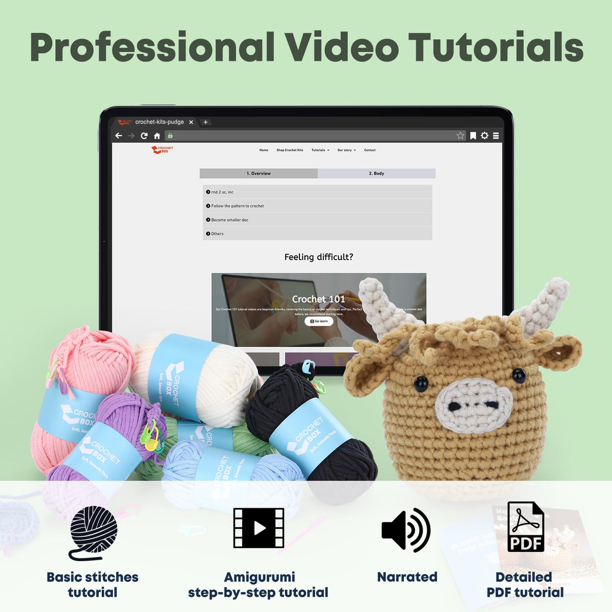 Crochet Kit for Beginners: Highland Cow Crochet Kit, Learn to Crochet, Include Easy Knitting Soft Yarn, Step-by-Step Video Tutorial, Hook, Holiday Birthday Gift for Adults and Kids(30%+ Yarn) CrochetBox