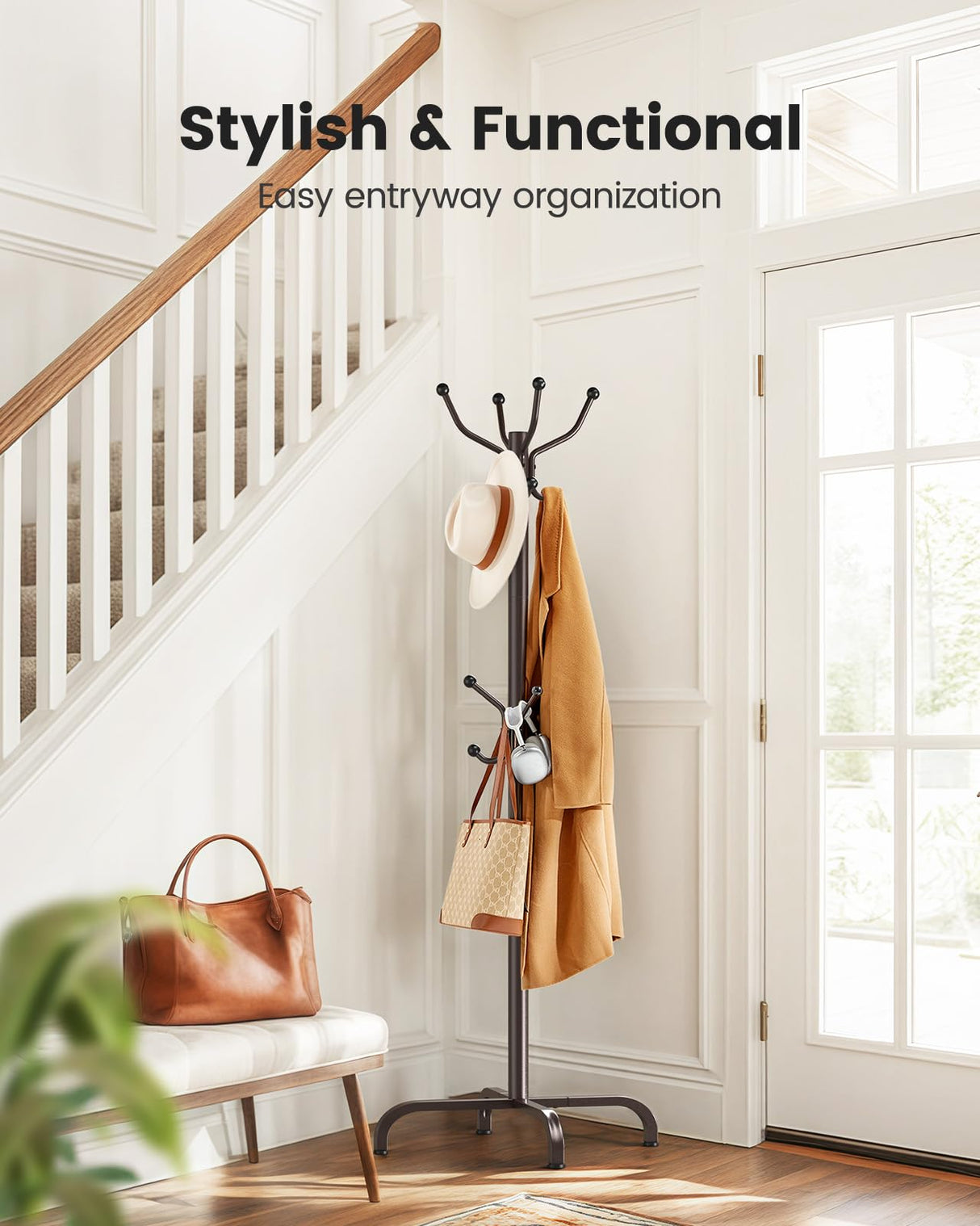 Pipishell Coat Rack with 14 Hooks, Freestanding Coat Rack Stand for Entryway, Hallway, Bedroom, and Office, Metal Coat Tree & Hat Rack for Coats, Hats, and Bags, Brown Pipishell