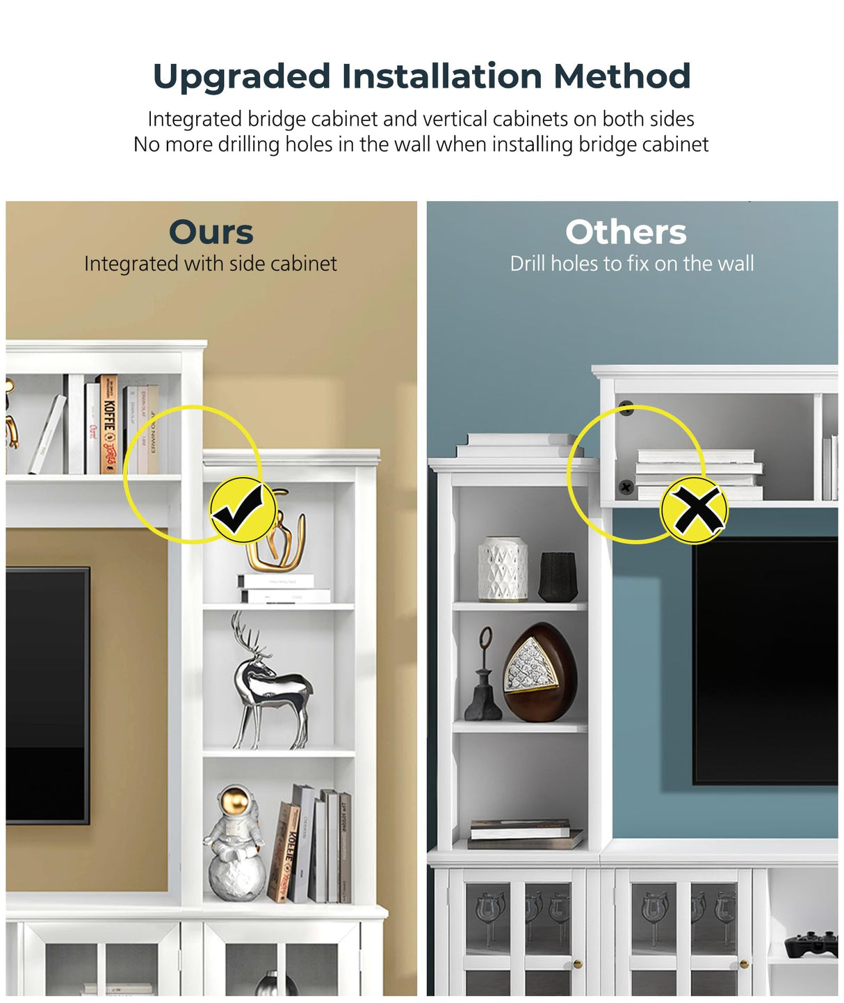 Tatub Large Wall Unit Entertainment Center with Storage, Modern TV Entertainment Center with Bookshelves and Bridge Cabinet, Living Room Tall Bookshelf with Storage, 65.7" Wide for TV Placement, White Tatub