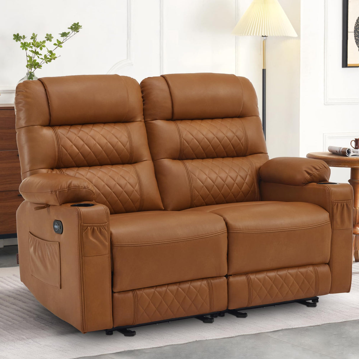 MCombo 56.3" Zero Gravity Power Loveseat Recliner with Heat and Vibration Massage, Reclining Loveseat Sofa with USB Ports, Cup Holders for Living Room, Faux Leather PR622Sets (Saddle) MCombo