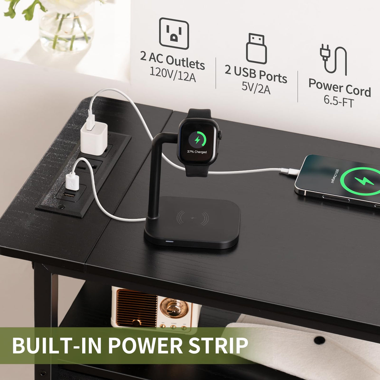 Yoobure Narrow Side Table, LED End Table with Charging Station, 3-Tier End Tables Living Room with Adjustable Fabric Drawer, Small Nightstand with Outlets, Storage Night Stand for Bedroom Small Spaces Yoobure