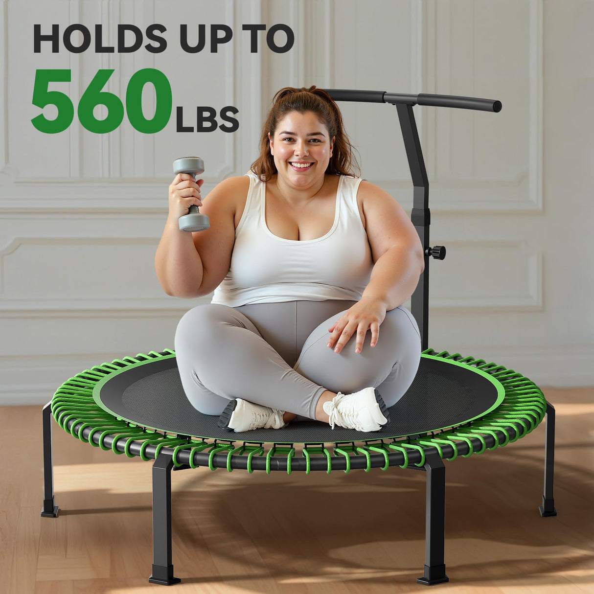 BCAN 560 LBS Soft Land Mini Trampoline, 48" Fitness Trampoline, 1 Sets of Bungees, T Shape Adjustable Foam Handle, Stable, Quiet Exercise Rebounder for Kids Adults Indoor/Garden Workout-48IN-1-GREEN BCAN