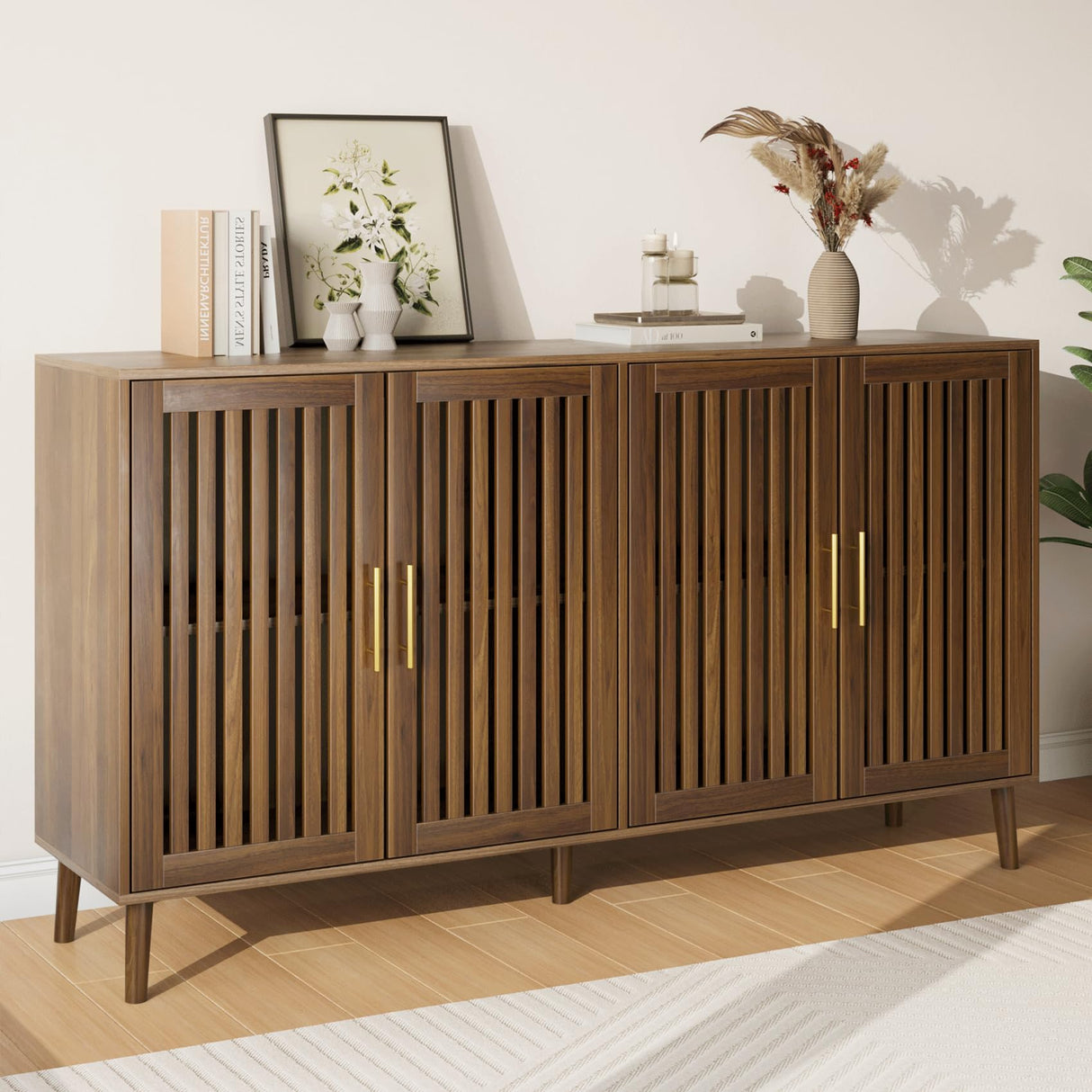 Smart FENDEE 63" Long Sideboard Buffet with 4 Louvered Doors, Farmhouse Buffet Storage Cabinet with Gold Handle, Coffee Bar Cabinet for Entryway, Kitchen, Dining Room, Living Room, Walnut Smart FENDEE