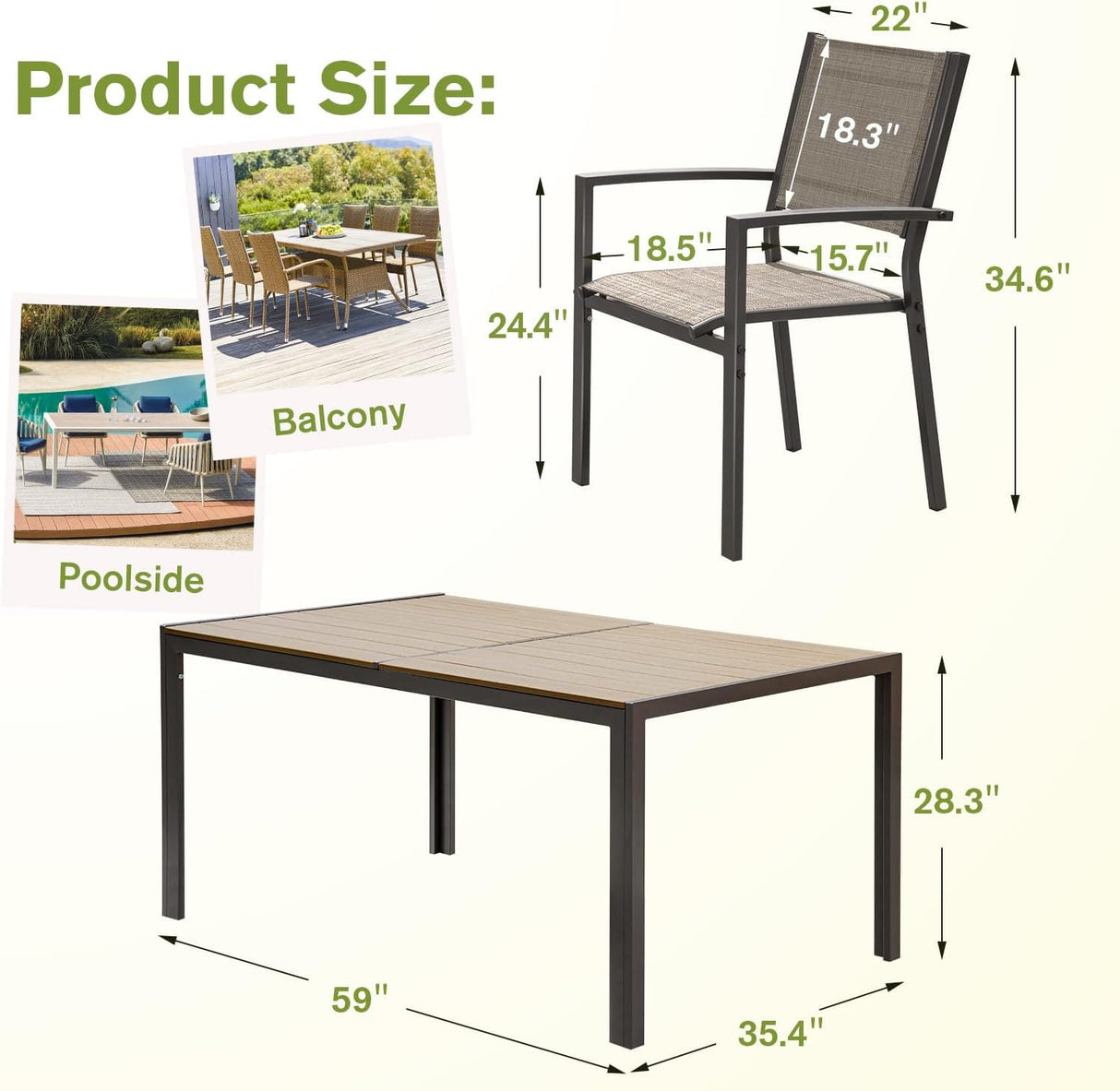 Homall Patio Dining Set 7 Pieces Outdoor Furniture with Large Table and 6 Textilene Chairs for Porch, Brown Homall