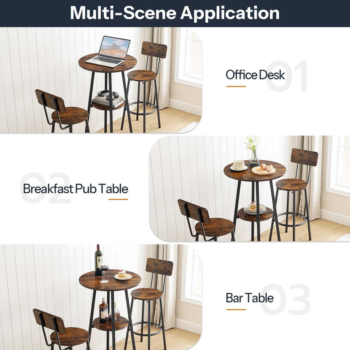 HOOBRO 3 Pieces Round Bar Height Table and Chairs Set, Round Dining Table Set, Pub Table and Chairs for Small Space, 2 Tier Kitchen Table and Bar Stools with Back, Rustic Brown BF35BT01 HOOBRO
