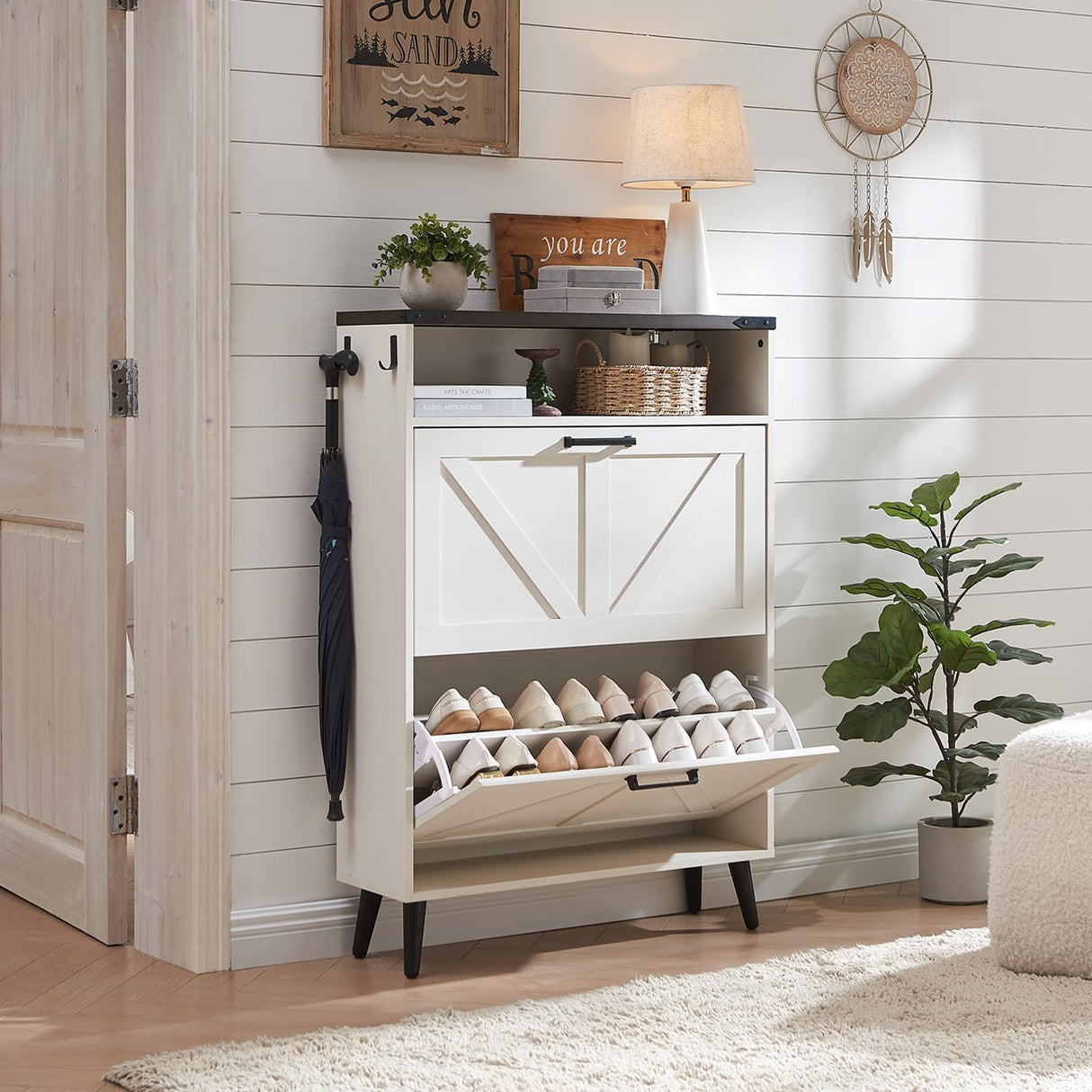 Barnyatoh Shoe Storage Cabinet,Farmhouse Shoe Organizer with 2 Flip Drawers & Barn Door Design,Freestanding Hidden Slim Narrow Shoe Rack Cabinet with Open Storage for Entryway, Foyer,Hallway,White Barnyatoh