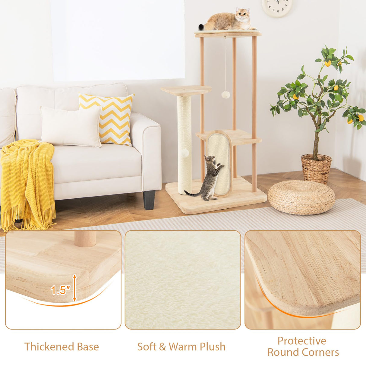 Tangkula Wood Cat Tree for Indoor Cats, Multi-Level Modern Cat Tower with Sisal Scratching Board & Post, Padded Perch, Platform, Hanging Toy, Minimalist Kitten Activity Center for Small & Medium Cats Tangkula