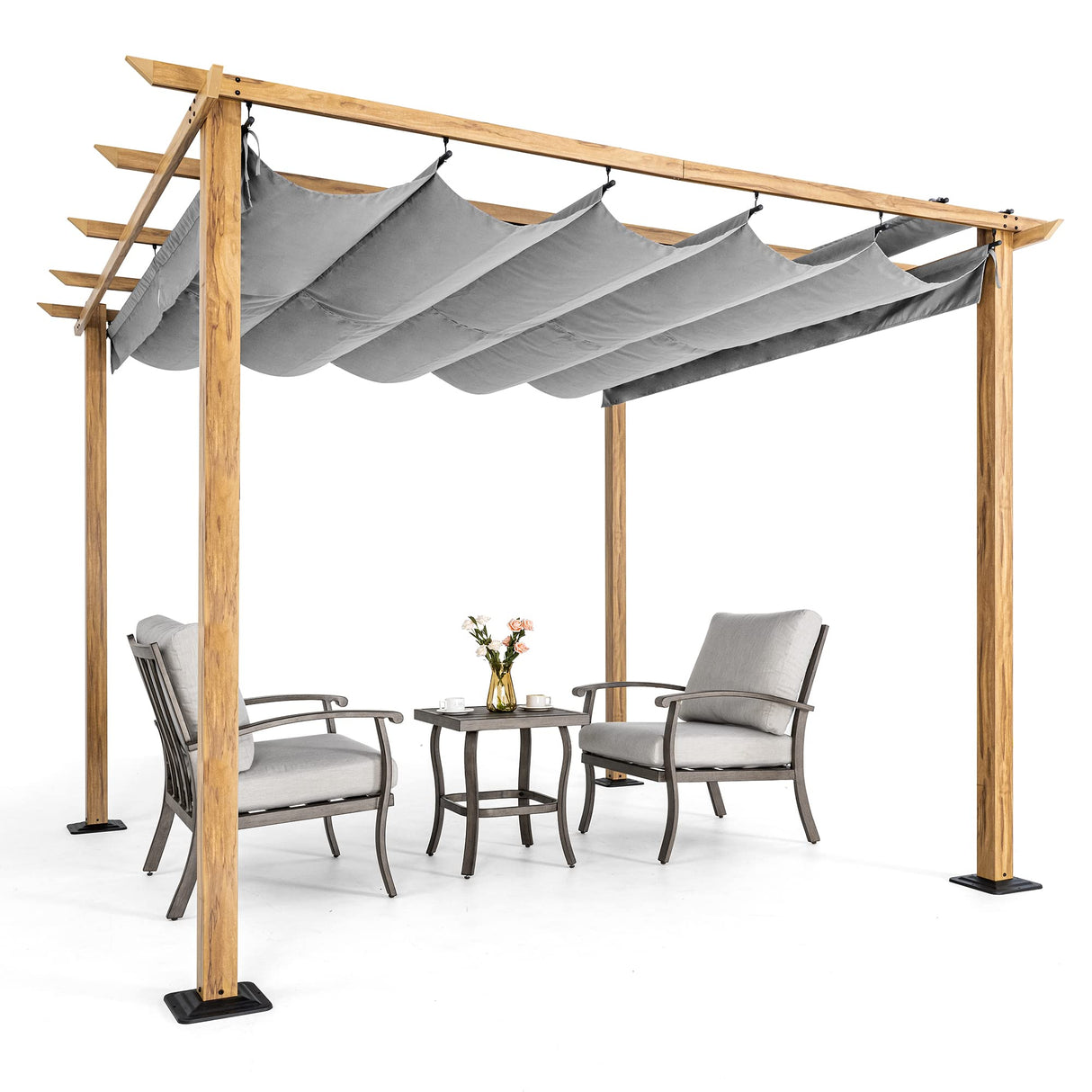 HAPPATIO 10' X 10' Pergola Retractable Pergola Canopy for Backyard, Garden, Patio; Woodgrain-Look Aluminum Pergola with Retractable Pergola Canopy, Includes Anchors and Expansion Screws (Grey) HAPPATIO