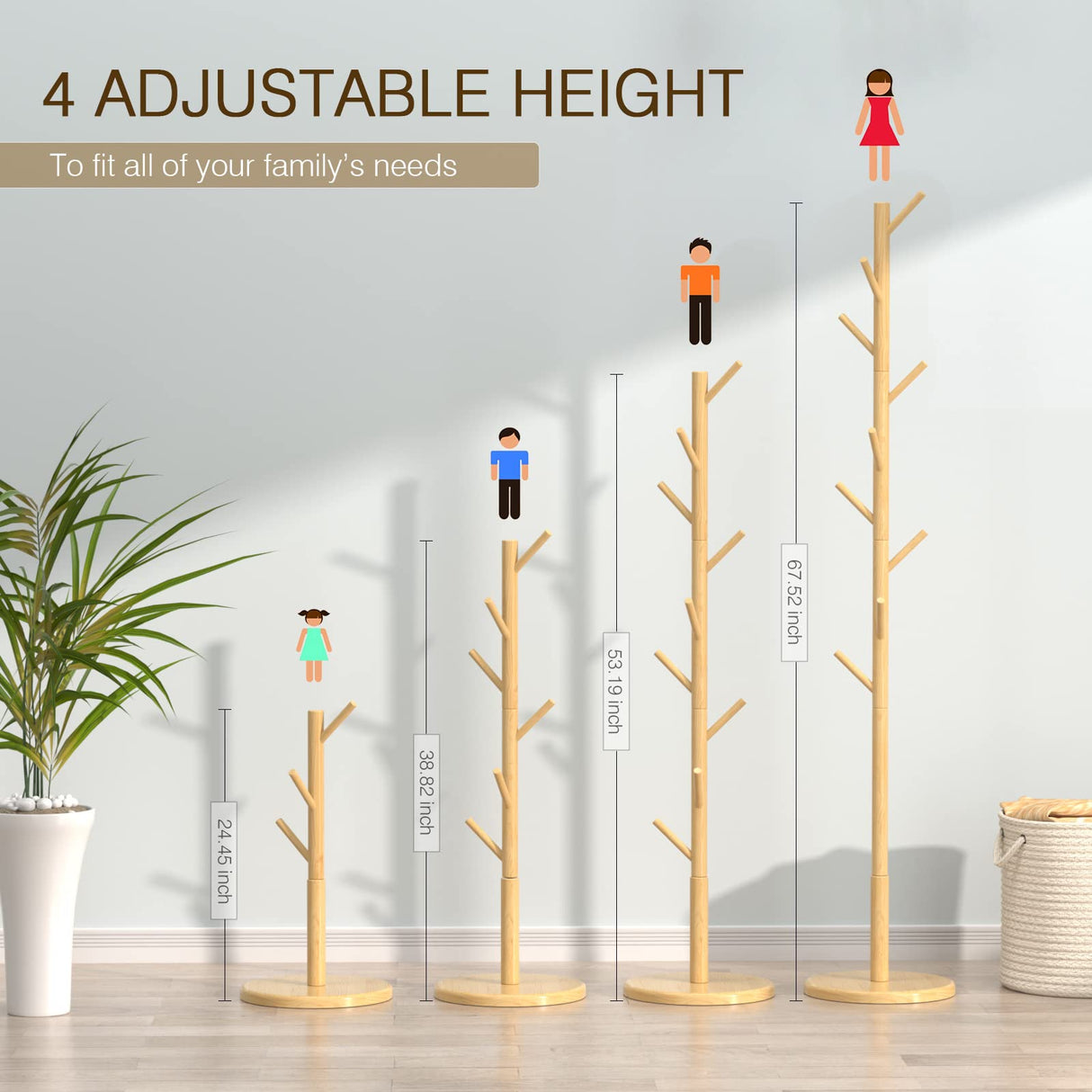 Wooden Coat Rack Freestanding Coat Tree with 4 Height Options and 9 Hooks, Sturdy Coat Rack Stand for Clothes/Bags/Hats, Easy Assemble Save Space for Entryway,Bedroom,Office,Narrow Place-Natural Bamdibola