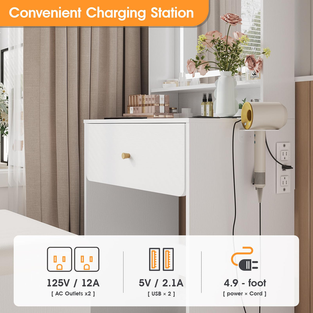 Vabches Make Up Vanity Desk with Mirror and Lights, White Vanity Table Set with Charger Station,Girls Small Vanity and Storage Chair Vabches