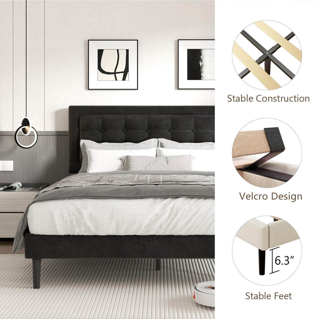 CXVX Queen Size Bed Frame with Headboard, Platform Bed Frame with Velvet Upholstered Button Tufted Headboard, Wood Slats Support, No Box Spring Needed, Mattress Foundation, Easy Assembly, Black CXVX