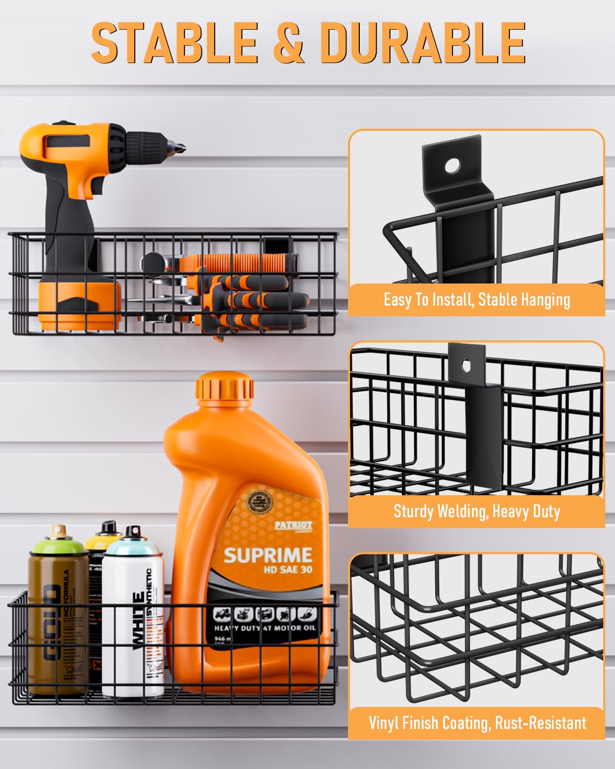 INCLY 4 Pack Black Slatwall Baskets Set, Ventilated Metal Hanging Storage Slat Wall Basket, Mounted Slatwall Accessories for Garage Rooms Shops Storage Organizing Display on Slatwall Panels INCLY