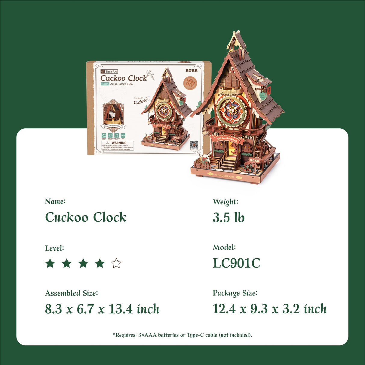 ROKR 3D Wooden Puzzles for Adults, Cuckoo Clock Model Kit, Room Home Decor DIY Watch Making Kit Functional Mechanical Building Toys, Hobbies Birthday Christmas Day Gifts for Men Women Kids 14+ ROKR