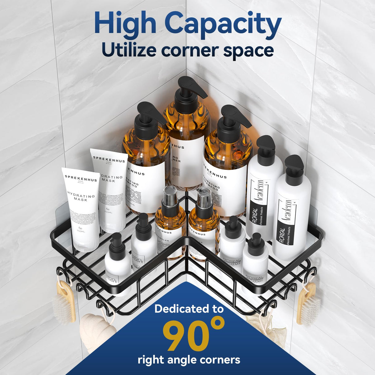 YASONIC Corner Adhesive Shower Caddy, with Soap Holder and 12 Hooks, Rustproof Stainless Steel Bathroom Organizer, No Drilling Wall Mounted Rack, Black, 3-Pack YASONIC