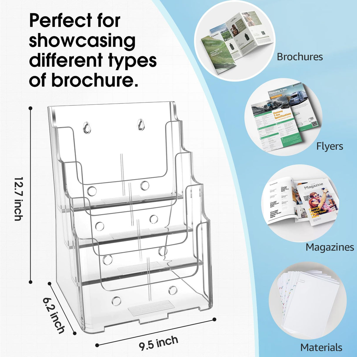 MaxGear Acrylic Brochure Holder 8.5 x 11 inch, 4 Tier Clear Literature Organizer Magazine Stand Display with Removable Divider for 4 x 9 inch Brochures, Pamphlet, Wall Mount or Countertop, 1 Pack MaxGear