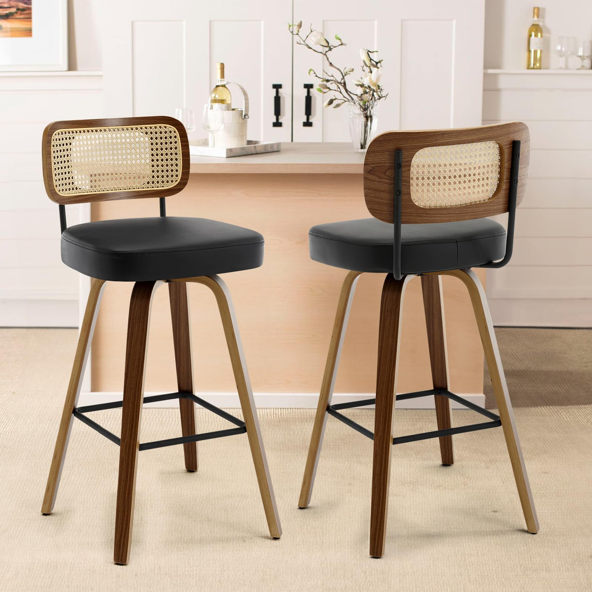 Bekrvio 29" Swivel Bar Stools Set of 2 with Rattan Back, Upholstered Faux Leather, Walnut Bentwood Frame in Black Bekrvio