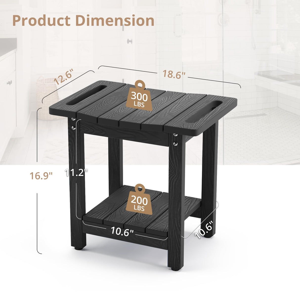 LUE BONA HDPS Shower Benches for Inside Shower, Black Shower Stool for Shaving Legs with Shelf, Waterproof Shower Chair Seat for Spa Bathroom, Weather Resistant/Non-Slip/Handles/Indoor or Outdoor Use LUE BONA