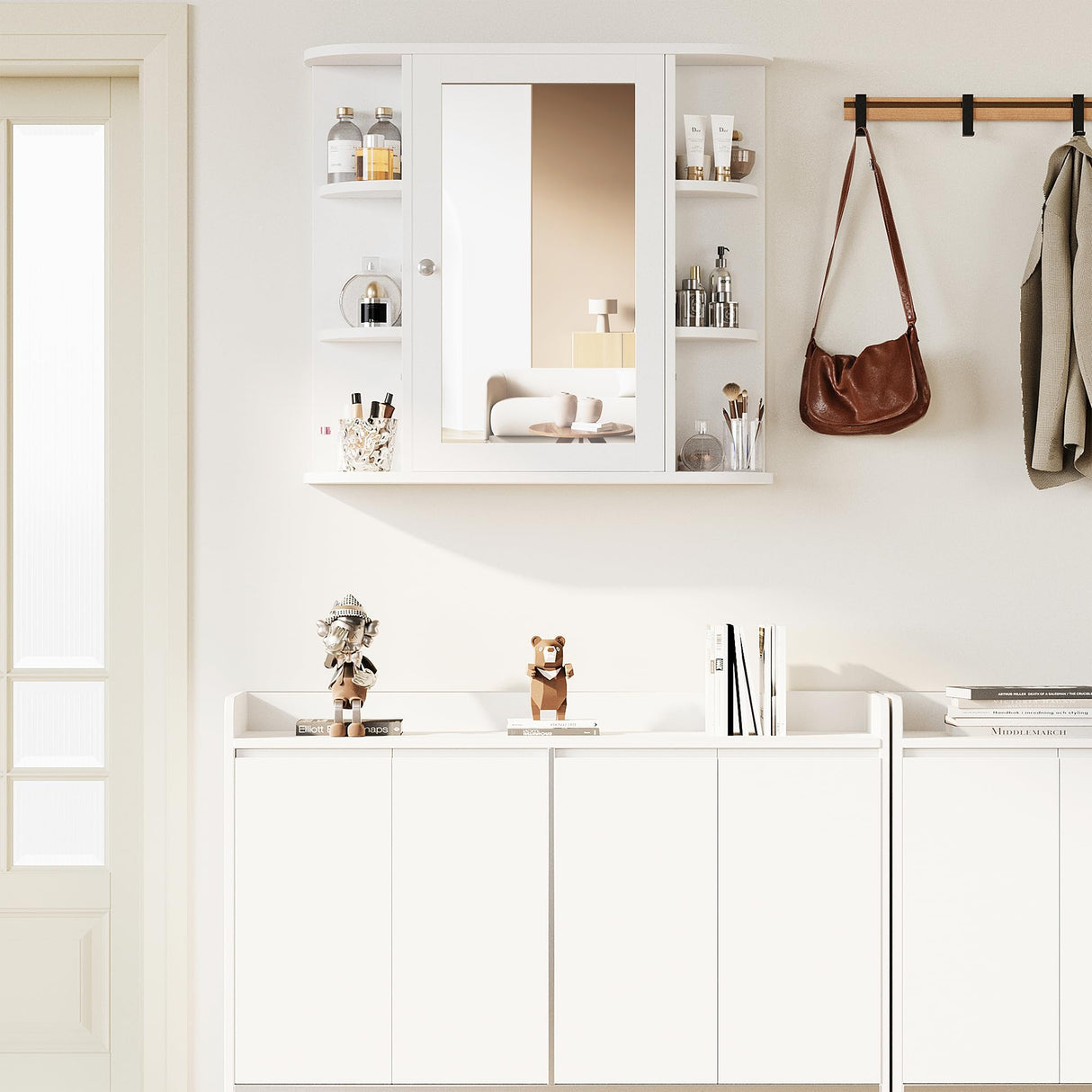 Shintenchi Bathroom Wall Cabinet with Mirror, Mounted Medicine Cabinets with 4 Internal and 6 Open Shelves, Mirrored Door Over The Toilet Storage, Solid White Shintenchi