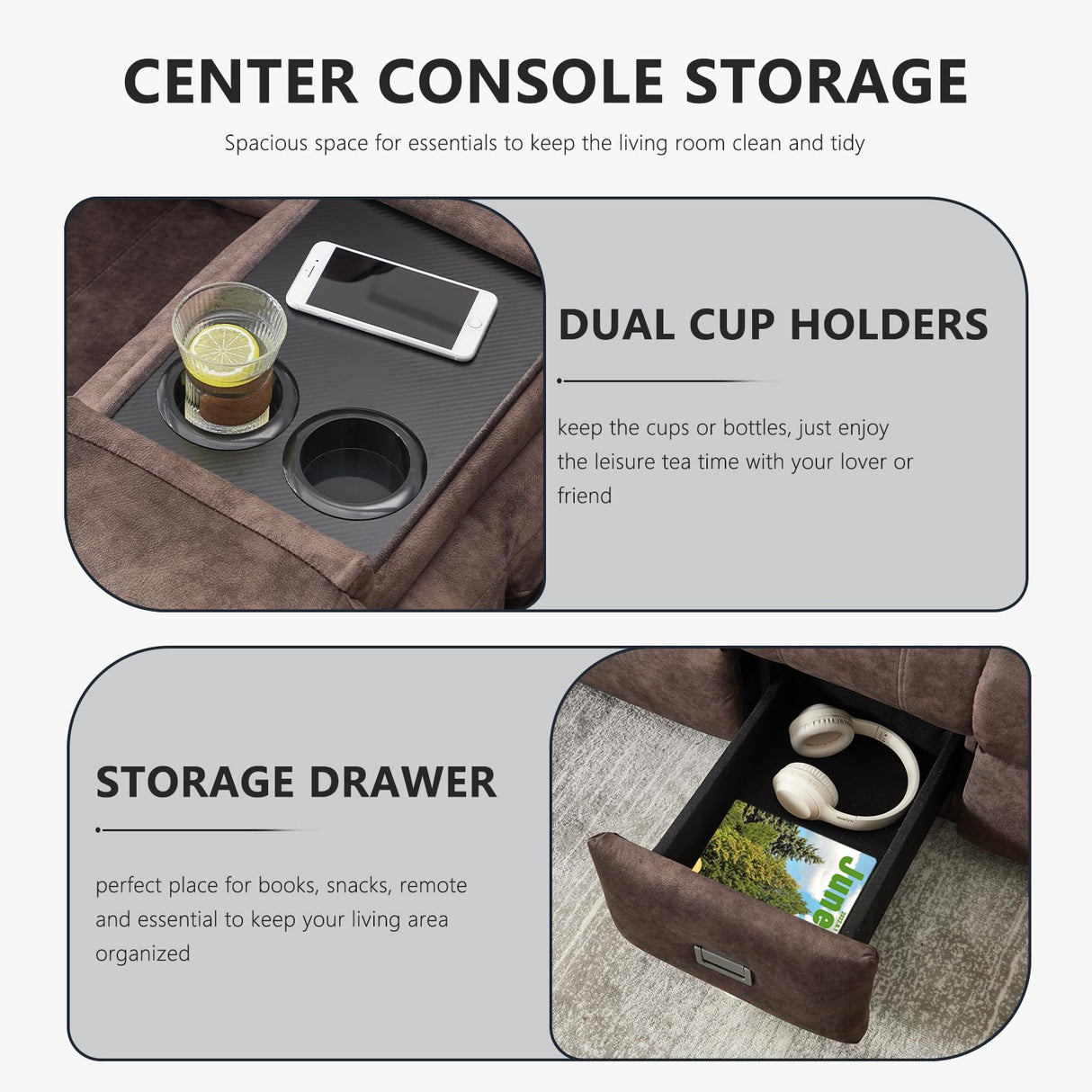 Alukang Loveseat Recliner Sofa, Manual Loveseat Reclining with Console for Living Room, RV Recliner Couch with Cup Holder/AC/USB C/USB and Drawer, Home Theater Velvet Reclining Love seat Couch (Brown) Alukang