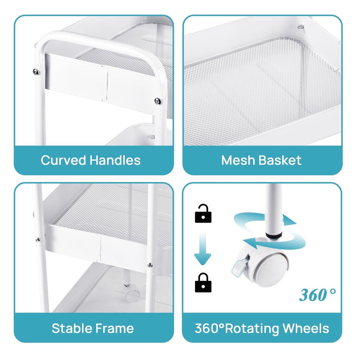 Vtopmart 3 Tier Metal Rolling Cart, Utility Rolling Carts with Wheels, Handle and Lockable Casters, Storage Trolley with Hooks, Easy Assemble for Kitchen, Living Room, Office, Nursery, Garage (White) Vtopmart
