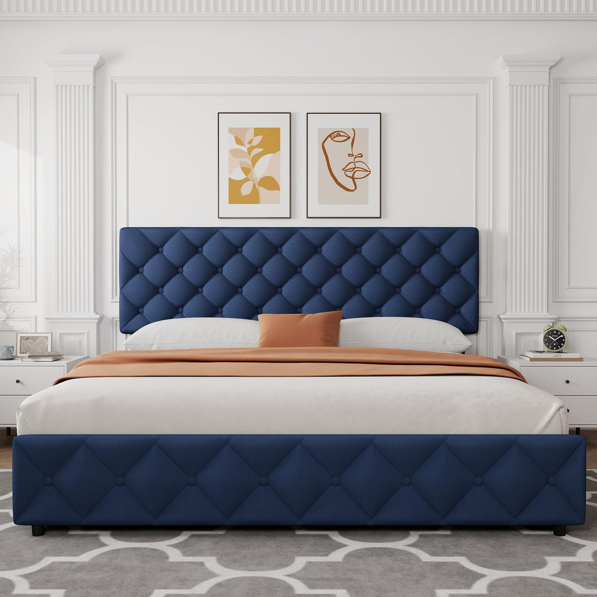 IDEALHOUSE King Size Bed Frame with 4 Storage Drawers and Adjustable Headboard, Linen Upholstered Platform Beds, Diamond Stitched Button Tufted, No Box Spring Needed, Blue IDEALHOUSE