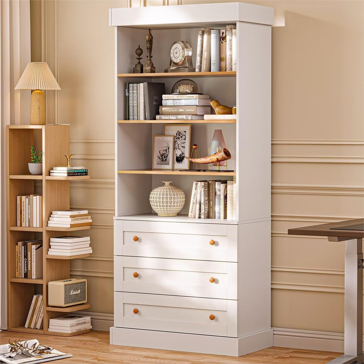 Vyre 71" Tall Farmhouse Bookshelves with Drawers, Large Modular Bookcase with Adjustable Shelves, Storage Cabinet for Living Room, Kitchen, Home Office, White Vyre