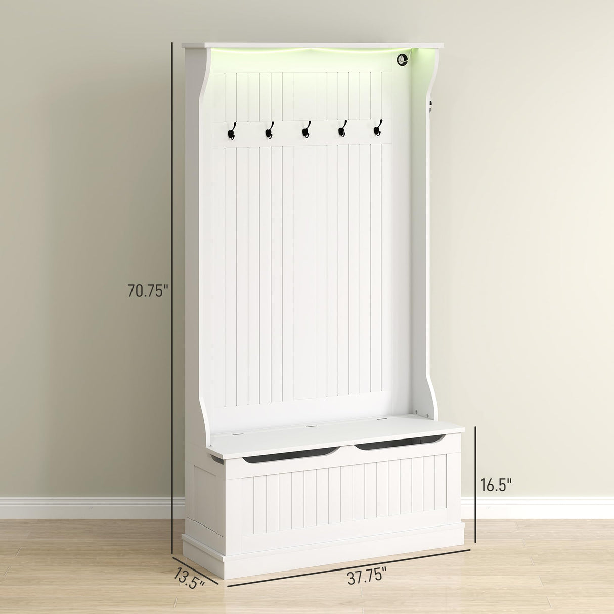 HOMCOM 3-In-1 Hall Tree with LED Lights and Shoe Storage, Standing Coat Rack with Shoe Bench, Entryway Furniture with Five Hooks, White HOMCOM