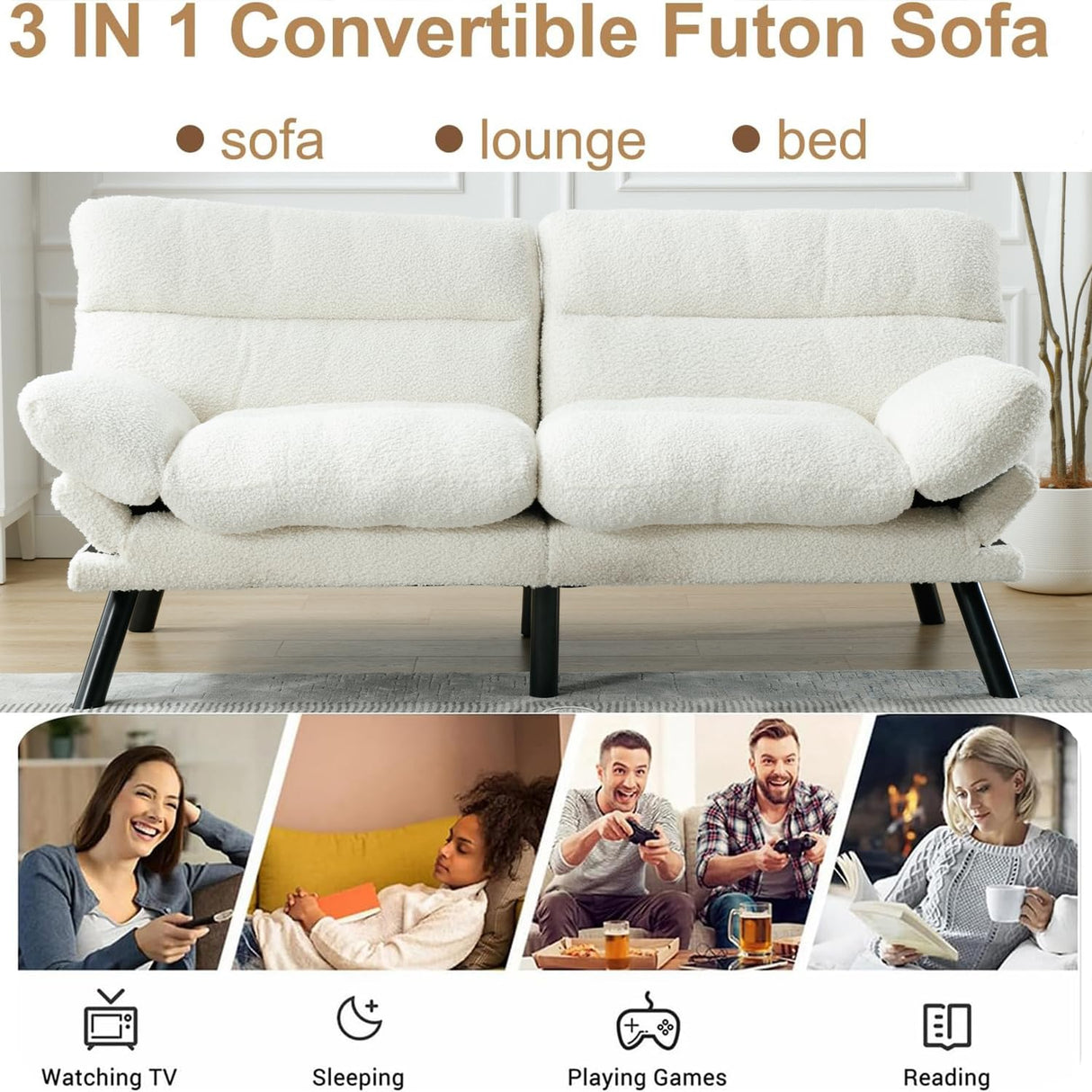 Modern Teddy Velvet Convertible Folding Futon Couch Sofa Bed Adjustable Pillow Top Arm Memory Foam Couch Double Loveseat Sofa for Compact Living Space,Dorm,Game Studio,Apartment,Bedroom (White Teddy) Klwenas Maec