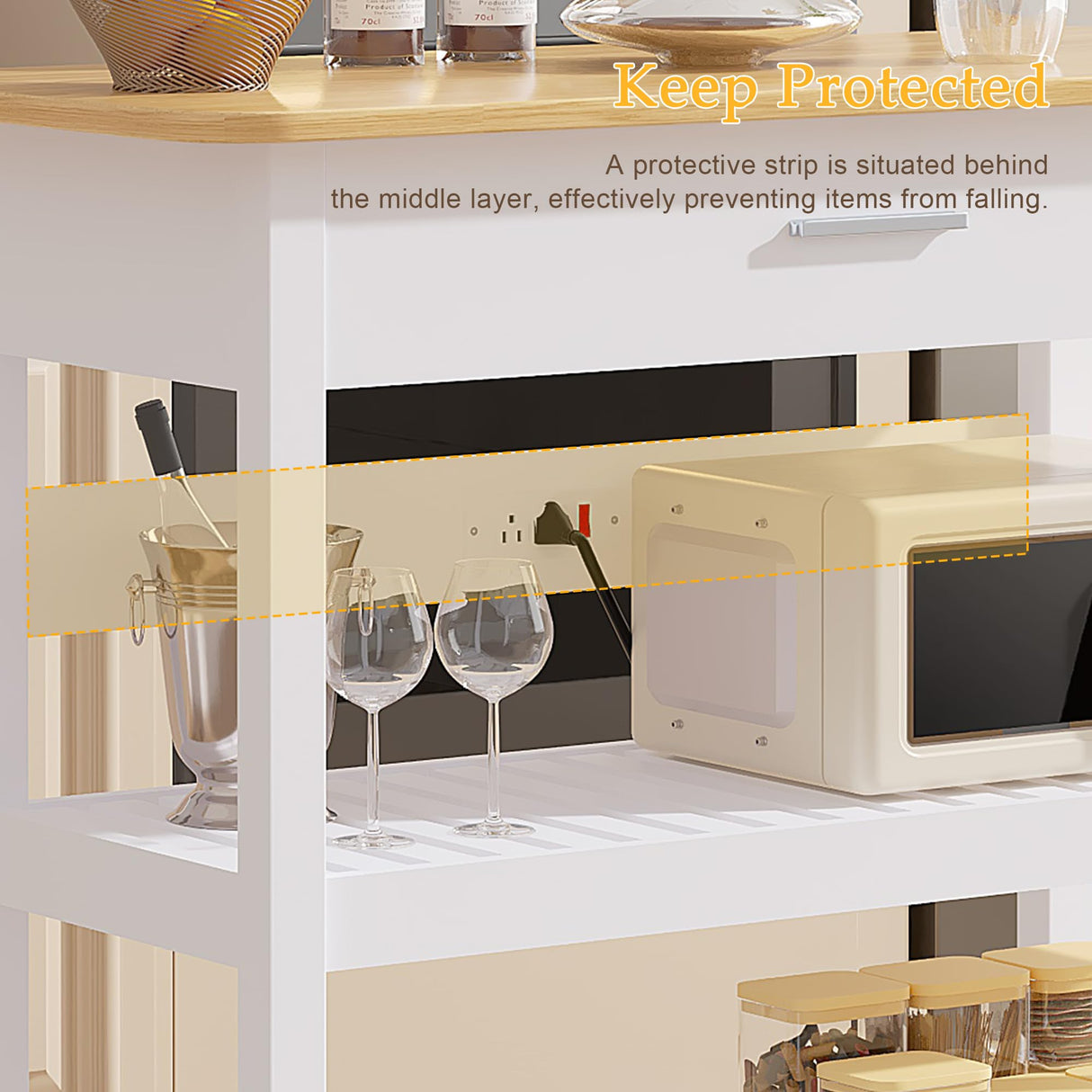 VECELO 40" Width Kitchen Island Cart on Wheels, 3 Tiers Kitchen Cart with Power Strip & Drawer, 2 Spacious Storage Shelf, Easy to Clean, White VECELO