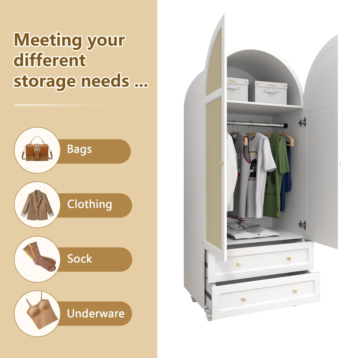 YUCHIATH Arched Armoire Wardrobe Closet with 2 Rattan Doors, Wooden Wardrobe Closet with 2 Drawers, 74.8 "H Bedroom Armoires with Hanging Rod (White) YUCHIATH