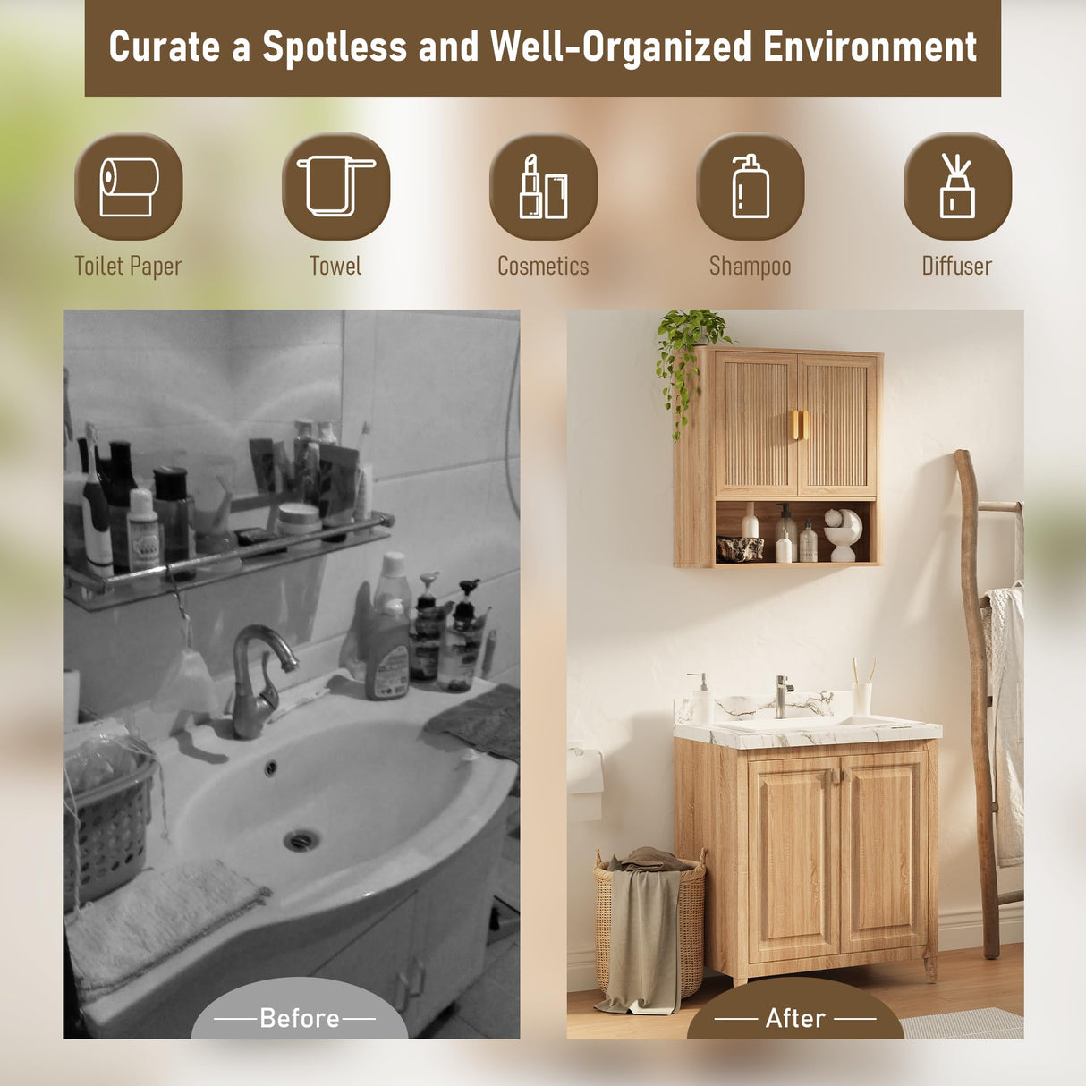 INNOD Bathroom Storage Cabinet, Medicine Cabinet with Adjustable Wood Shelf & Doors, Over The Toilet Storage Cabinet for Laundry Room & Kitchen & Living Room (Natural Oak) INNOD