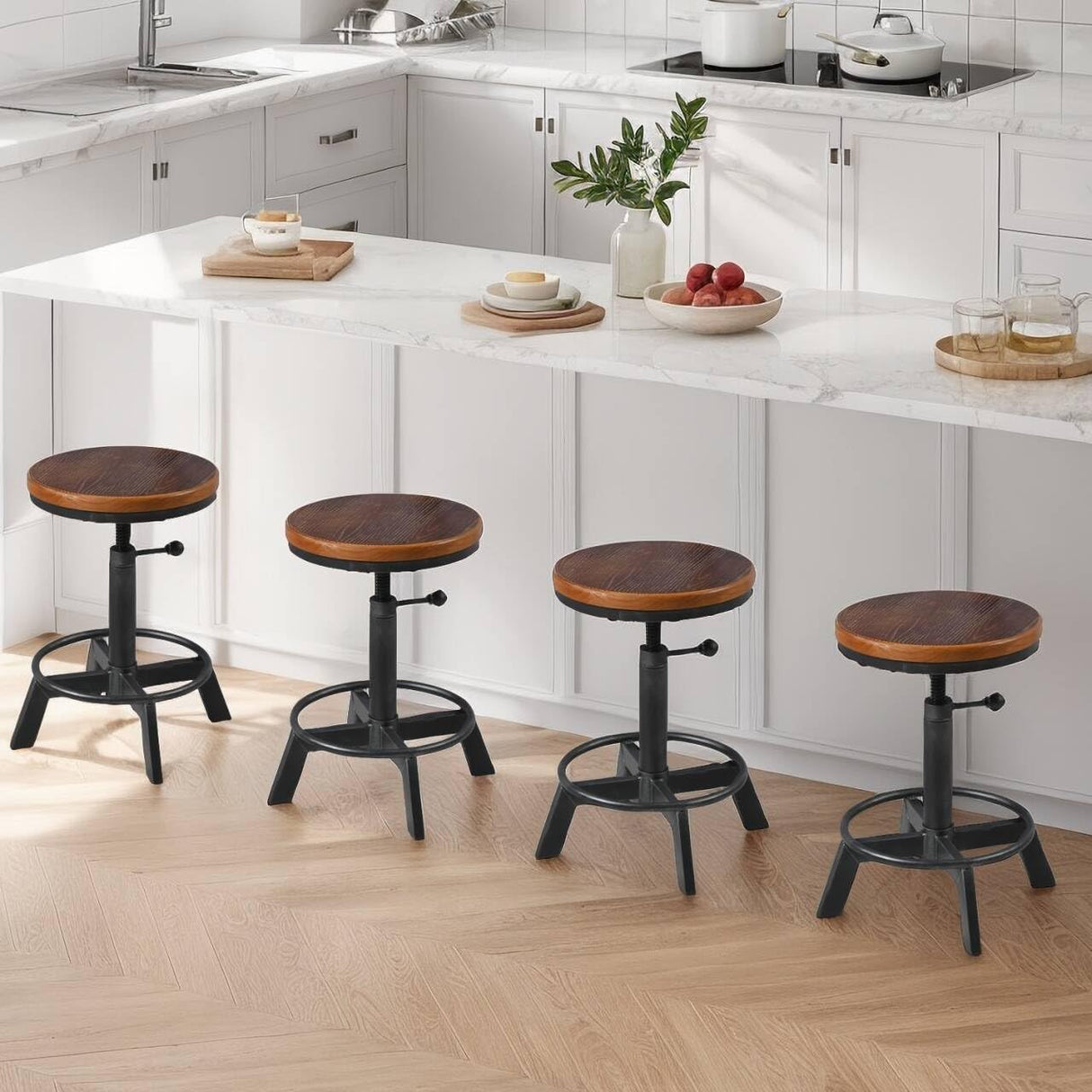 BOKKOLIK Set of 2-Industrial Bar Stool-Rustic Counter Height Chairs for Kitchen Island-Farmhouse Swivel Wooden Seat- Adjustable 17.7-24inch BOKKOLIK