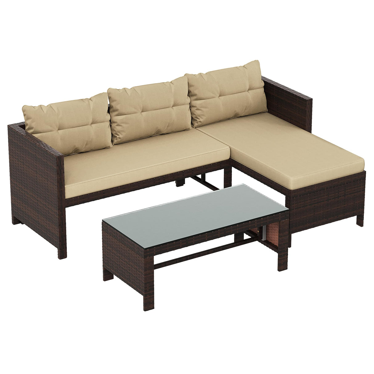 Shintenchi Outdoor Patio Furniture Sets, Wicker Patio sectional Sets 3-Piece, All Weather Wicker Rattan Patio Seating Sofas with Glass Coffee Table and Cushion (Beige) Shintenchi