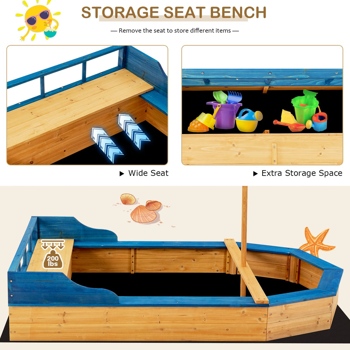 HONEY JOY Pirate Ship Kids Sandbox, Wooden Bottomless Sand Boat with Liner, Sand Pit w/Realistic Flag & Steering Wheel, Storage Bench Seat w/Backrest, Outdoor Sand Boxes for Kids Backyard HONEY JOY